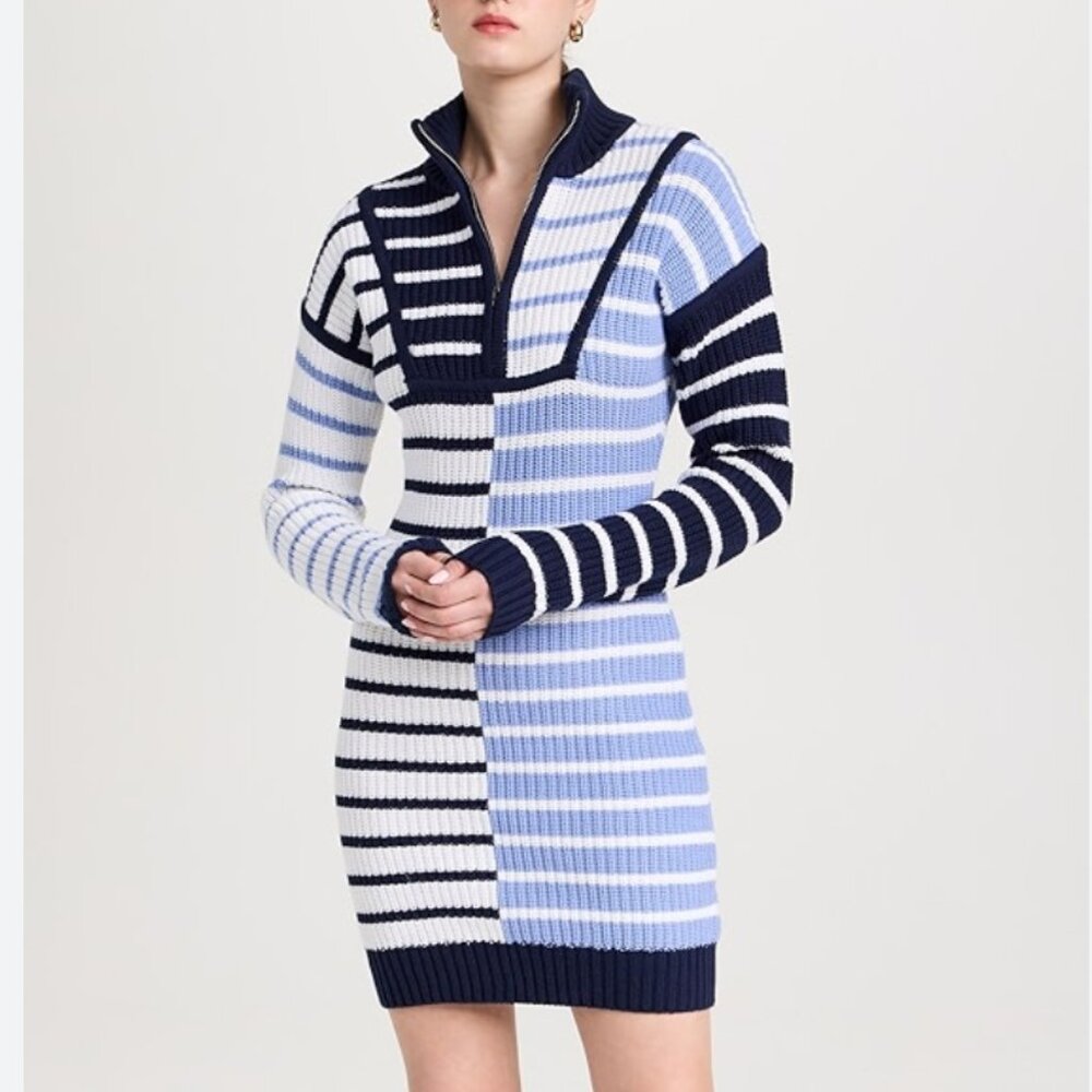 NEW STAUD Mini Hampton Dress - Adriatic Stripe Navy Blue White Knit Causal